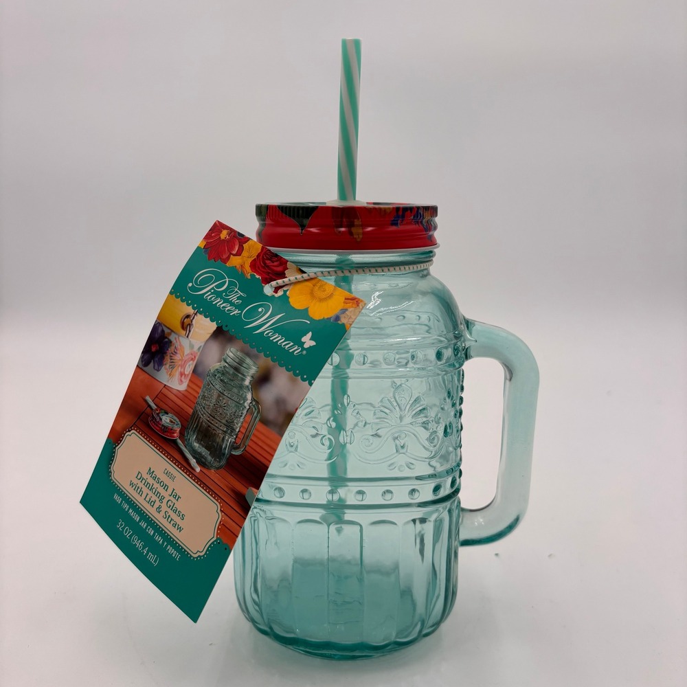 The Pioneer Woman Cassie Mason Jar Drinking Glass 32oz Teal New Floral Lid Straw
